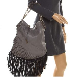 Jimmy Choo Grey/Black Leather and Python Trim Tatum Fringe Hobo